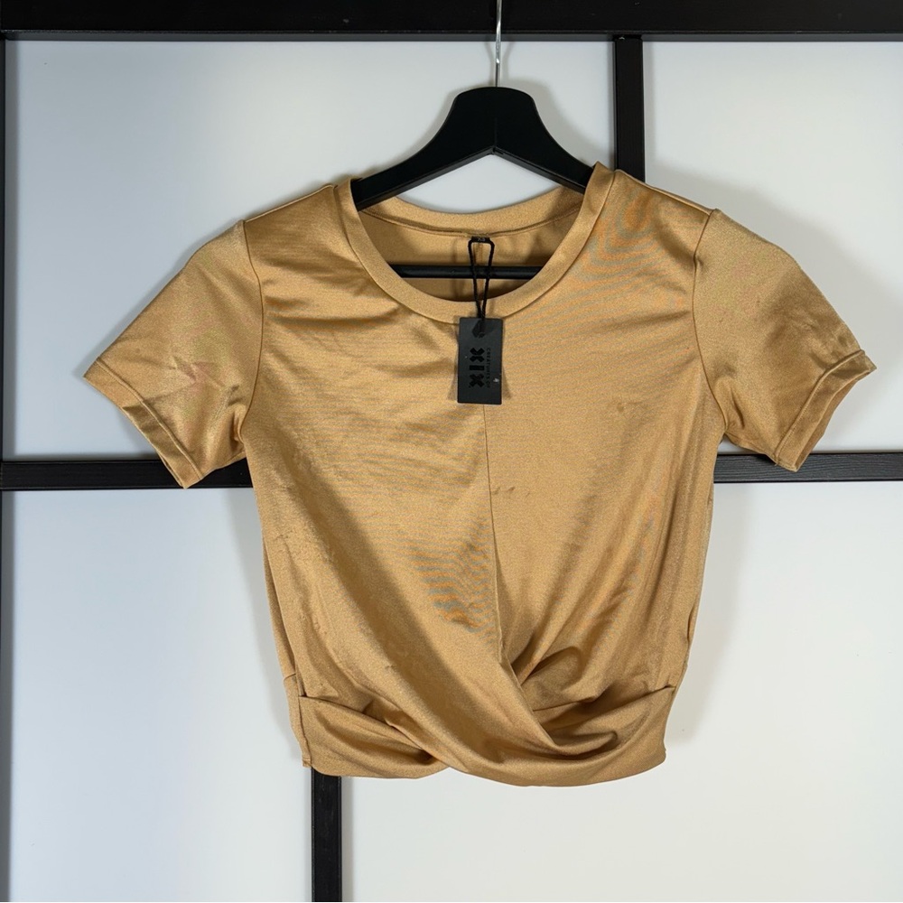 NWT CXIX Golden Pray For Me Knot Crop Top